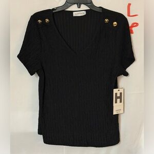 Harper Black V-Neck Short Sleeve Top with Gold Shoulder Accents